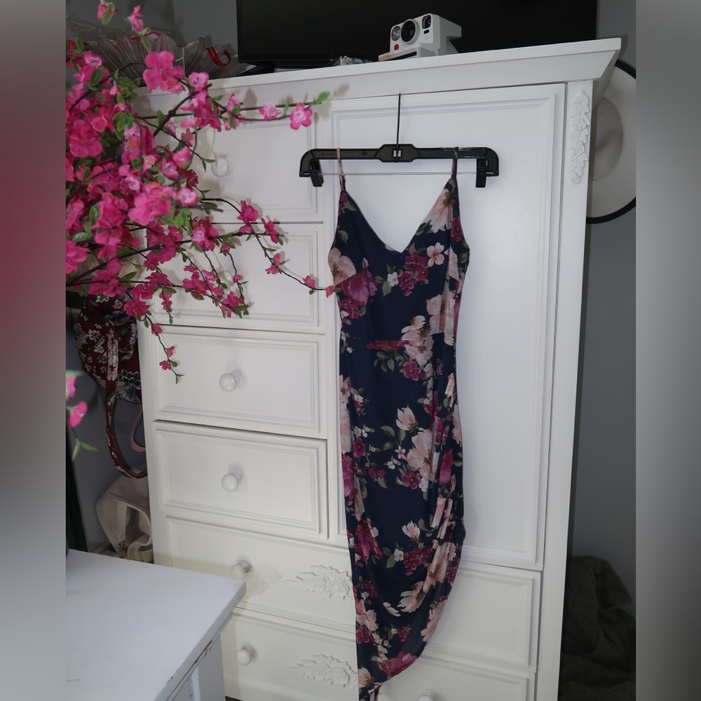Privy Floral Assymetrical Ruched MIDI dress